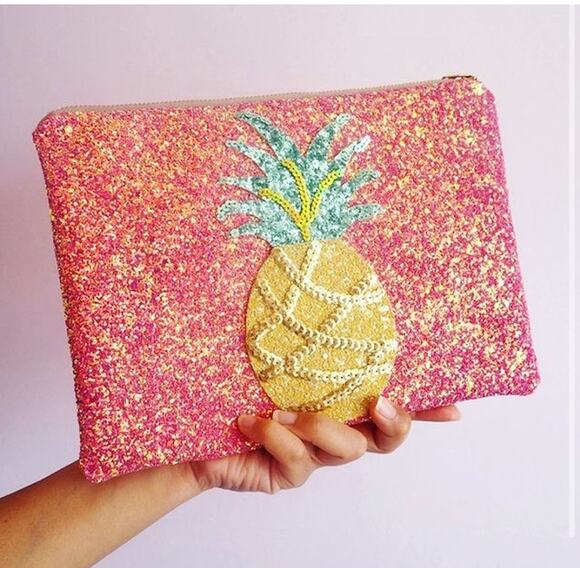 Suki Sabur Handbags - Suki Sabur Pink Glitter Pineapple Clutch Cosmetic Bag Pouch Paisley Lining